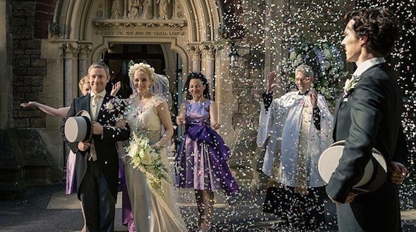 Мартин Фриман и Аманда Аббингтон на съемках сериала «Шерлок»