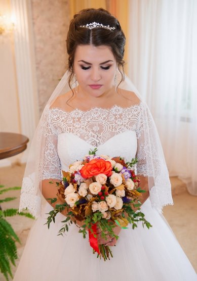 Прическа на свадьбу классический объемный пучок (Е19928) - Стилист-визажист Екатерина Косолапова...