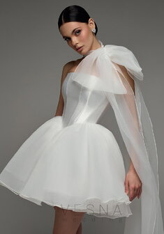 Свадебное платье Элиф Мини Вайт + Шарф-V70030. С пышной юбкой, короткое без шлейфа.