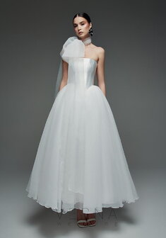 Свадебное платье Элиф Миди + Шарф-V70060. С пышной юбкой, длинное без шлейфа.