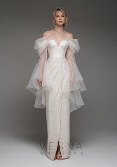 Свадебное платье Джессика Клауд с рукавами-V70093. С прямой юбкой, длинное без шлейфа.