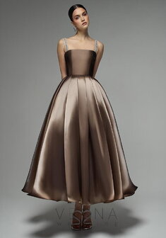 Вечернее платье Теона Миди Шоколад-V70687. С пышной юбкой, длинное без шлейфа.