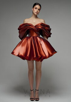 Вечернее платье Рафаэлла Терракот-V70688. С пышной юбкой, короткое без шлейфа.