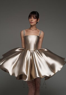 Вечернее платье Теона Мокко-V70733. С пышной юбкой, короткое без шлейфа.