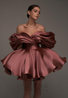 Вечернее платье Рафаэлла Чайная роза-V70776. С пышной юбкой, короткое без шлейфа.