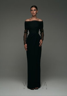 Вечернее платье Пайпер Блэк + Вуаль-V70788. С прямой юбкой, длинное без шлейфа.