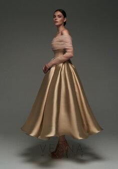 Вечернее платье Грейс Вуаль Нюд-V70790. С пышной юбкой, длинное без шлейфа.