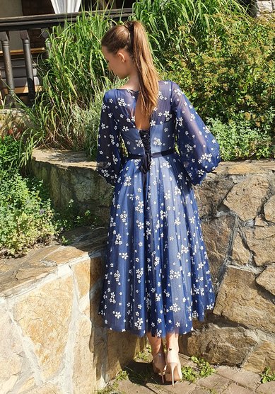 Вечернее платье Флора миди длинный рукав-Э69003 - Свадебный салон Эдем